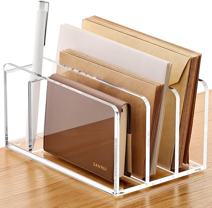 SANRUI Acrylic Mail Organizer, 3 Compartments Clear File Holder for Desk, Letter Sorter with Pen Holder, Countertop Document Sorter for Notebooks, Bills & Eyeshadow Palettes