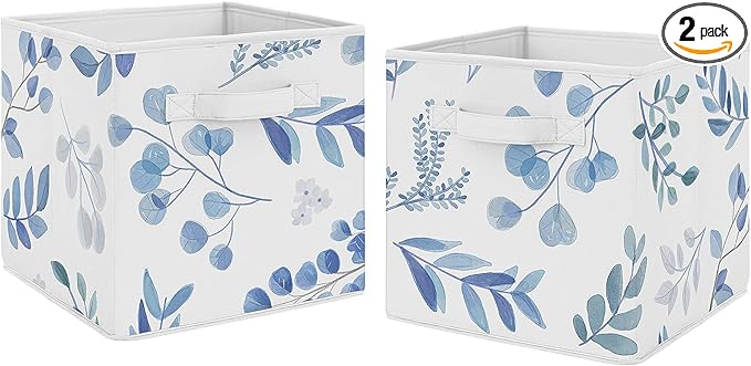 Sweet Jojo Designs Floral Leaf Foldable Fabric Storage Cube Bins Boxes Organizer Toys Kids Baby Childrens - Set of 2 - Blue Grey and White Boho Watercolor Botanical Flower Woodland Tropical Garden