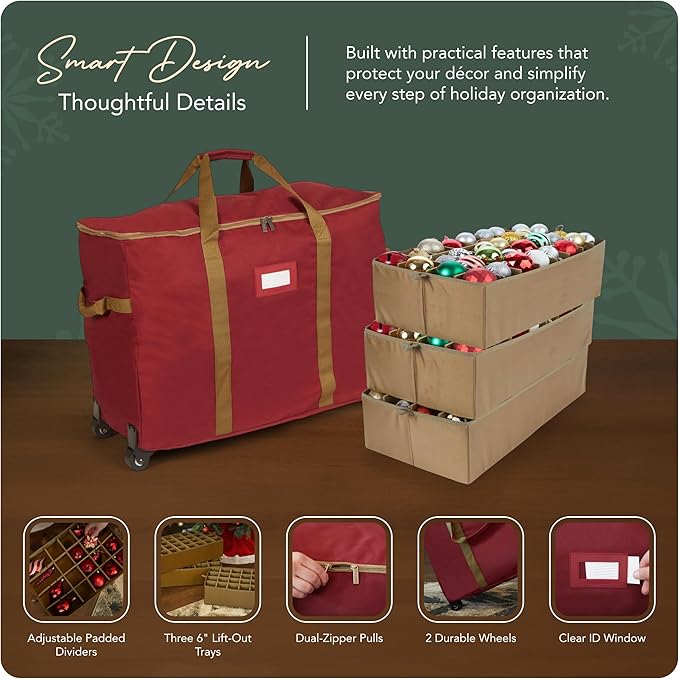 Covermates Keepsakes Rolling Adjustable Ornament Storage Bag – Heavy-Duty Polyester, FlexGrid Trays & Padded Dividers – Protective Holiday Organizer with Wheels, Handles & ID Window, Red