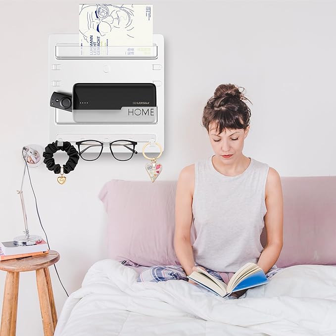 Bedside Shelf Wall Mount,Floating Bedside Adhesive Shelves Accessories,Wall Shelf Organizer and Storage for Bedroom,Camper,Dorm,Apartment-Phone,Earphone,Kindle,Remote Holder,Cable Clip,5 Hooks-Clear