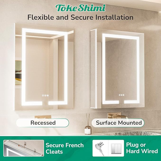 TokeShimi 48x32 Lighted Medicine Cabinet with Mirrored and Sockets, Anti-Fog Surface or Recessed Medicine Cabinet Mirror Led 3 Colors Dimmable, Frontlit Mirror with Storage Bathroom Vanity