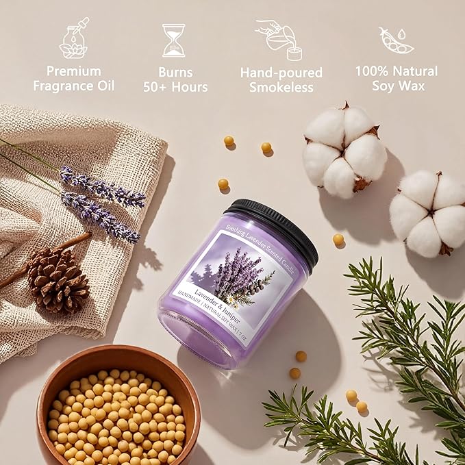 Homsolver Soothing Lavender Scented Candle, Natural Soy Candles with 50+ Hour Burn, Soft Juniper Lavender Fragrance for Home, Gift for Women, Men & Friends, Everyday Home Use, Comfortable Spaces
