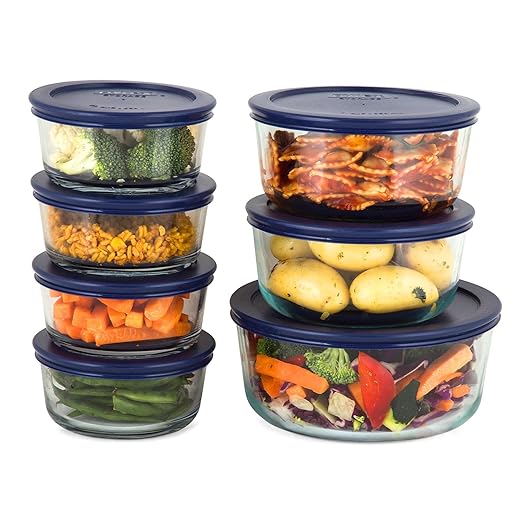 Pyrex Simply Store 14-Piece Round Glass Food Storage Set, Blue Made in the USA