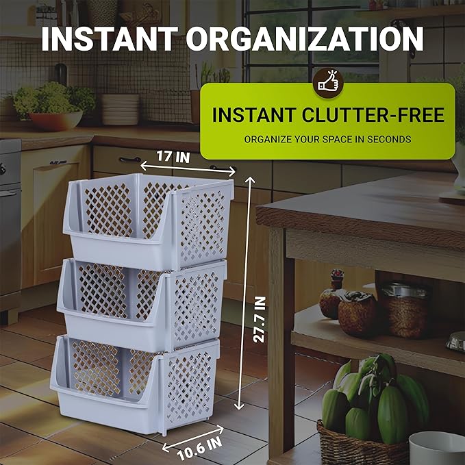 Skywin TidyFriend Plastic Stackable Bins for Pantry, 3 Pack Large Stacking Bins Open Front, Toy Organizers, Kitchen, and Bathroom Essentials (Light Grey)