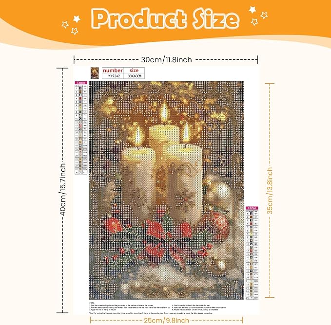 NEWENMO Christmas Diamonds Painting Kits for Adults Beginner DIY 5D Christmas Candles Diamond Art Paint with Round Diamonds, Full Drill Gem Art Diamonds Painting for Craft Home Wall Decor 12x16 Inch