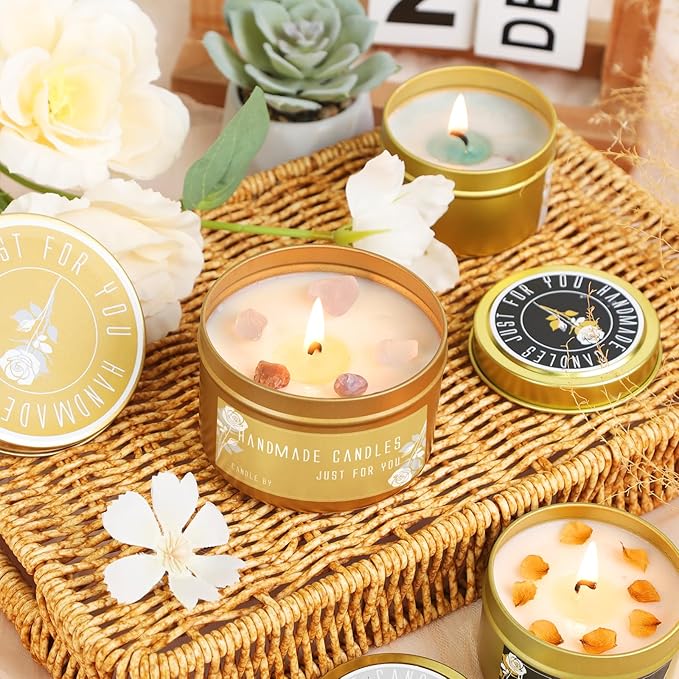 CONNOO 48 Pack Candle Tins - 24pcs 8oz + 24pcs 4oz Matte Gold Candle Jars with Lids for Making Candles, Bulk Empty Candle Containers with Sticky Warning Labels for Candle Making, Storage, and Gift