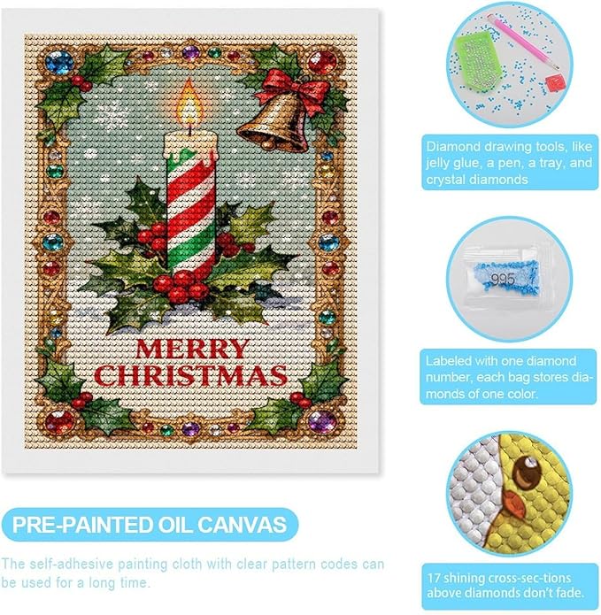AIVKIEJK Diamond Painting Kits for Adults - Merry Christmas Candle & Holly Accents Painting DIY 5D Full Drill Diamond Dots Paintings with Diamonds Gem Art and Crafts Home Decor 16"x20"
