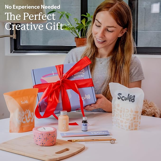 Sculpd Candle Making Pottery Kit for Adults with Air Dry Clay and Acrylic Paint Set, Non-Toxic Eco Soy Wax, Scented Fragrance Oil, Candle Glaze, Tools & Guide, 2 Candles, Peony Rose with Pastel Tones