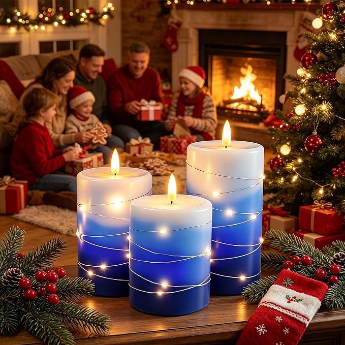 Flameless Candles with String Lights, Battery Operated Candles with Remote Control and Timer,Flickering LED Pillar Candles for Home Decoration,Real Wax, Gradient Blue (3-Pack)