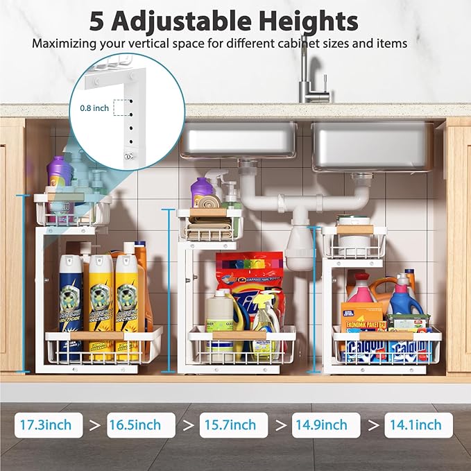 Liuoud Under Sink Organizer Storage 1 pack, 2 Tier Slide Out Height Adjustable Pull Out Cabinet Organizer Drawers, Kitchen Bathroom Large Capacity Metal Under Sink Rack Caddy Basket Shelves, White