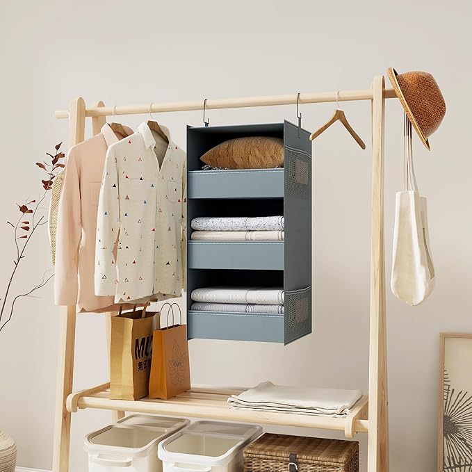 3-Shelf Hanging Closet Organizer and Storage, Foldable Hanging Closet Shelves Front Lip Design Washable Hanging Storage, 28" X 11-3/4" X 11-3/4", Gray