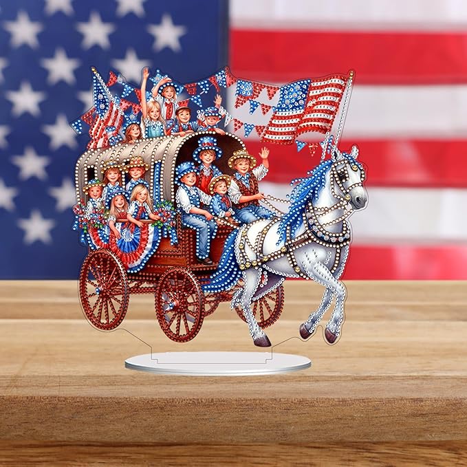 ARTopet DIY Diamond Desktop Ornament US Independence Day Special Shaped Crystal Double Sided Pattern Single Sided Diamond Art Painting Tabletop Home Ornaments Decor-Horse Carriage