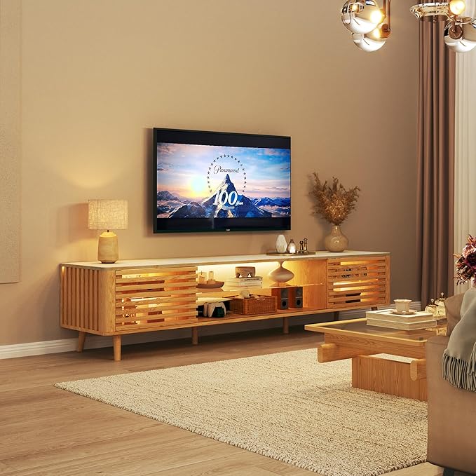 HUAHUU 70" TV Stand for 55/65/75 Inch TV, Faux Marble Top Entertainment Center with Slatied Sliding Door & LED Lights, Mid Century Modern Style, Low TV Console with Glass Shelves for Bedroom