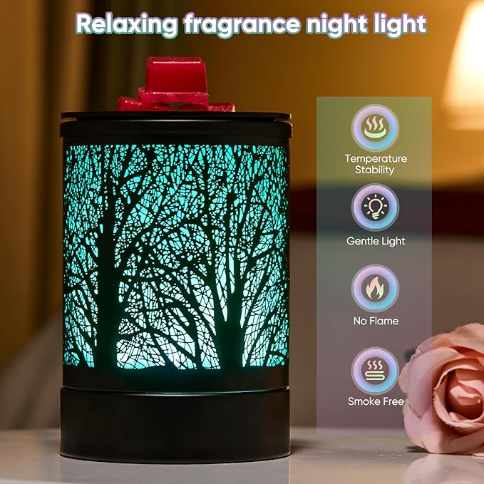 Enaroma Fragrance Wax Melts Warmer with 7 Colors LED Changing Light Classic Black Forest Design Scent Oil Candle Warmer for Home Black Tree Timer