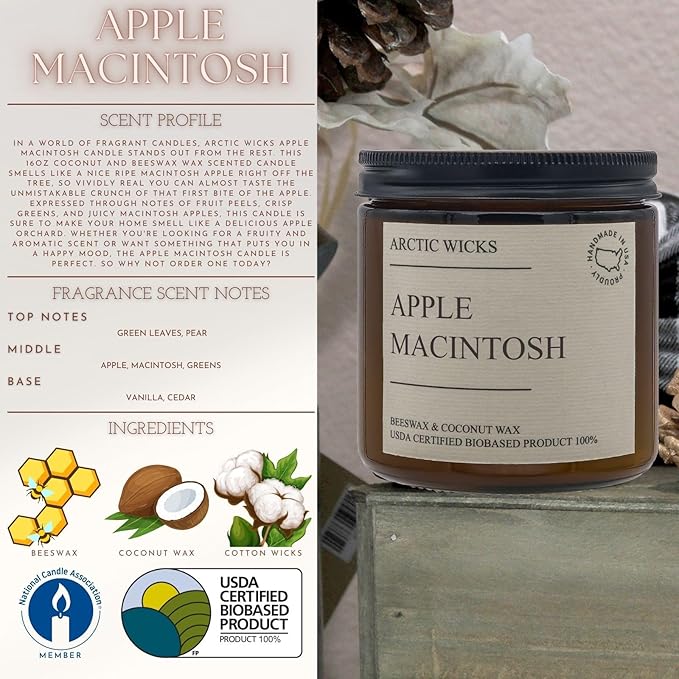 Arctic Wicks Handcrafted Candles | Non Toxic Coconut Beeswax Candles 16oz Double Wick | 100% USDA Certified Biobased, Handmade, Premium Waxes, Non-Toxic (Apple Macintosh, 16oz Amber Jar)