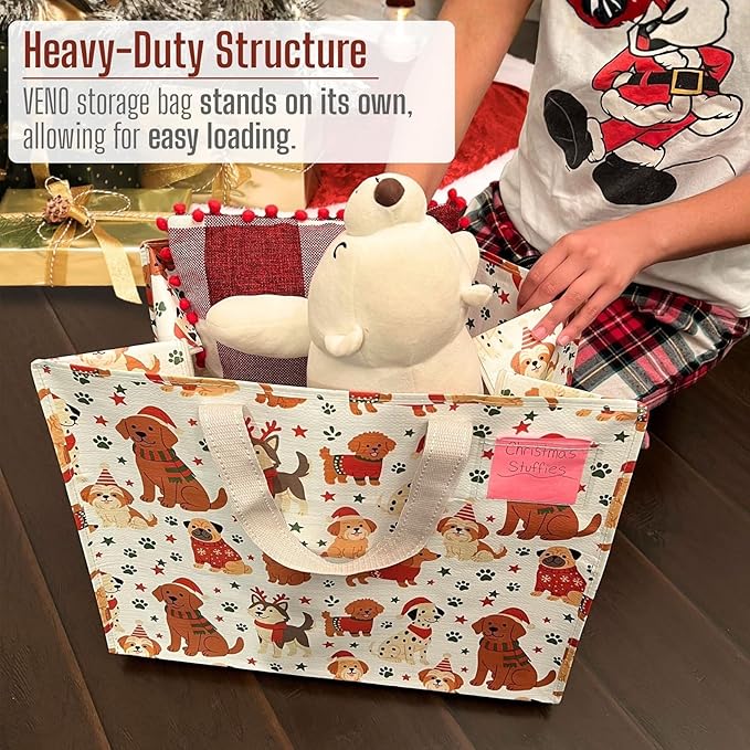 VENO 4 Pack Heavy Duty Moving Bags, Storage Bags, Packing Supplies, Top Zipper, Storage Totes for Camping, Clothes, Bedding, Comforters, Pillows, Christmas Pattern (13 Gallon, Holiday Pups, 4 Pack)