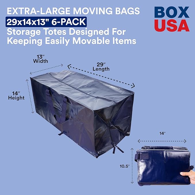 BOX USA 6-Pack Moving Bags with Strong Handles & Zippers - Heavy Duty Extra Large Packing Bags for Storage, Moving Boxes, Dorm & College Supplies, Blue