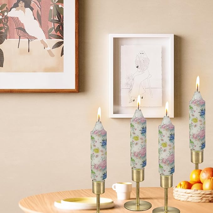 5 inch Short Candle Floral Candle Sticks Printed Candlestick Handmade Unscented Taper Candle 4 Pack Beautiful Flower Tapered Candles for Home Dinner Wedding Holiday