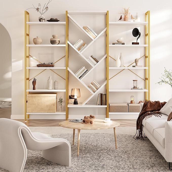 70x70” Triple 5 Tier Book Shelf, Large Wooden Bookcase with 17 Open Display Shelf, Modern Tree Bookshelf Metal Frame Tall Book Case Furniture for Living Room Bedroom Home Office White & Gold