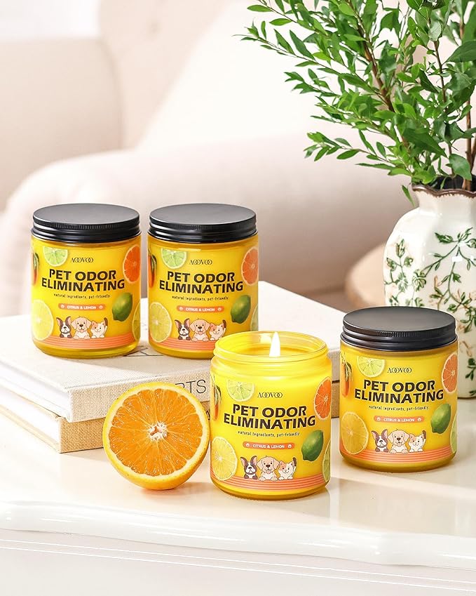 AOOVOO 4 Pack Lemon Citrus Pet Odor Eliminating Highly Fragranced Candle - Eliminates 95% of Pet, Smoke, Food, and Other Smells Quickly, Non Toxic Air Freshing Soy Candle