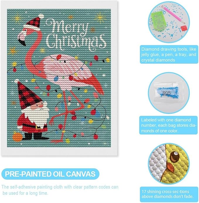 AIVKIEJK Diamond Painting Kits for Adults - Festive Flamingo Christmas Santa Hat Painting DIY 5D Full Drill Diamond Dots Paintings with Diamonds Gem Art and Crafts Home Decor 12"x16"