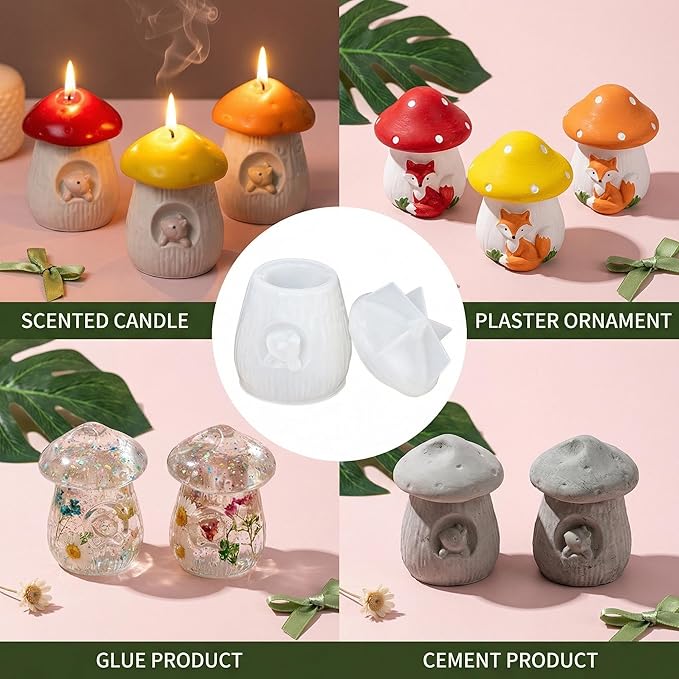 3D Mushroom House Squirrel Silicone Mold, Lidded Candle Holder Storage Jar Mold for DIY Candle, Plaster Ornament, Cute Home Decor & Easter Gift Making