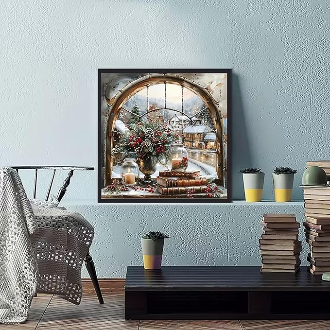 BOHADIY Christmas Window Diamond Art Kits for Adults Beginners, 5D DIY Full Round Drill Diamond Painting Kits, Candle Paint by Diamonds Dot Gem Art Crystal Easy,Home Wall Decor 13.7X13.7Inch
