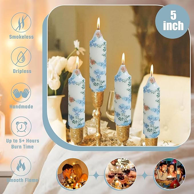 5 inch Short Candle Blue Floral Candle Sticks Printed Candlestick Handmade Unscented Taper Candle 4 Pack Blue Flower Tapered Candles for Home Dinner Wedding Holiday