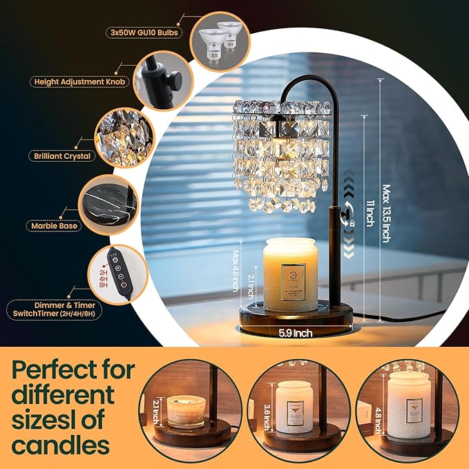 Candle Warmer Lamp with Timer Dimmer Adjustable Height for New Home Bedroom,Vintage Home Decor for Scented JaR 3 Bulbs for New Home Decor, Women Mom Christmas Birthday Gifts,Black (Black)