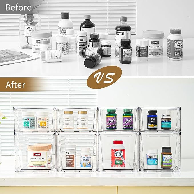 Clemate 8Pack Stackable Kitchen Storage Organizer, Pantry Organizers and Storage, Clear Foods Organizer Bins with Handles, Easily Assemble for Bathroom, Kitchen, Pantry, Cabinet, Closet