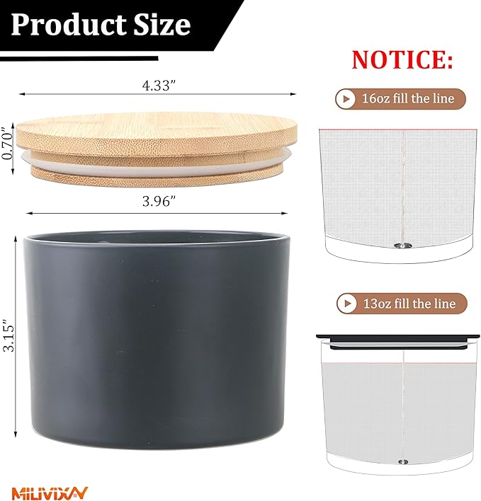 MILIVIXAY 6 Pack 16 oz Candle Jars with Bamboo Lids and Candle Making Kits - 3 Wick Candle Jar,Bulk Empty Matte Black Thick Glass Jars for Making Large Candles - Spice, Powder Containers.