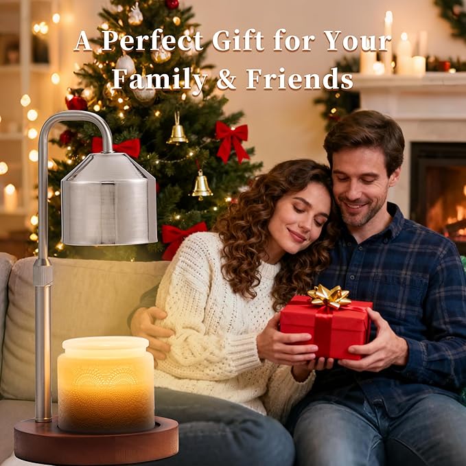 Candle Warmer Lamp with Timer Dimmable,Electroplated lampshade and Wooden Base,Height Adjustable Candle Warmer with 2 Bulbs,Gifts for Women Mom Bedroom Decor with Wax Tray