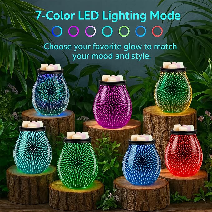 Leyoue 3D Glass Fireworks Electric Wax Melt Warmer with PTC Heating Plate Reusable Silicone Tray 7 Colors LED Changing Light Wax Burner Melter Fragrance Warmer for Home (3D)