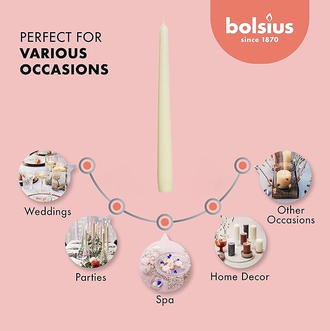 BOLSIUS 20 Count Unscented 10 Inch Ivory Household Taper Candles - 8 Hours Burning Time - Premium European Quality - Smokeless Dripless Taper Candlesticks - Great for Home Décor, Dinners, and Parties