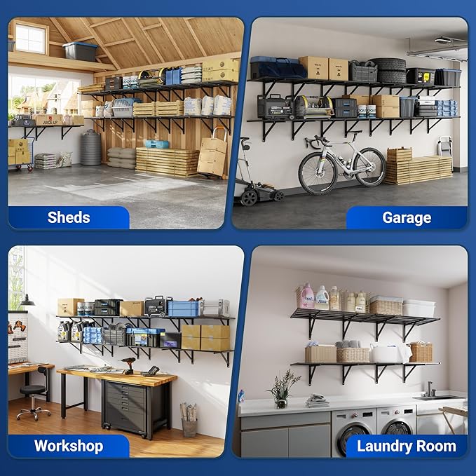 FLEXIMOUNTS 2x6ft Heavy Duty Garage Storage Wall Shelving, 1600lbs Load Capacity, 2 Pack Wall Mounted Storage Rack, 24x75 inch Rack Floating Shelves for Garage Organization, Snap Assembly, Pro Series