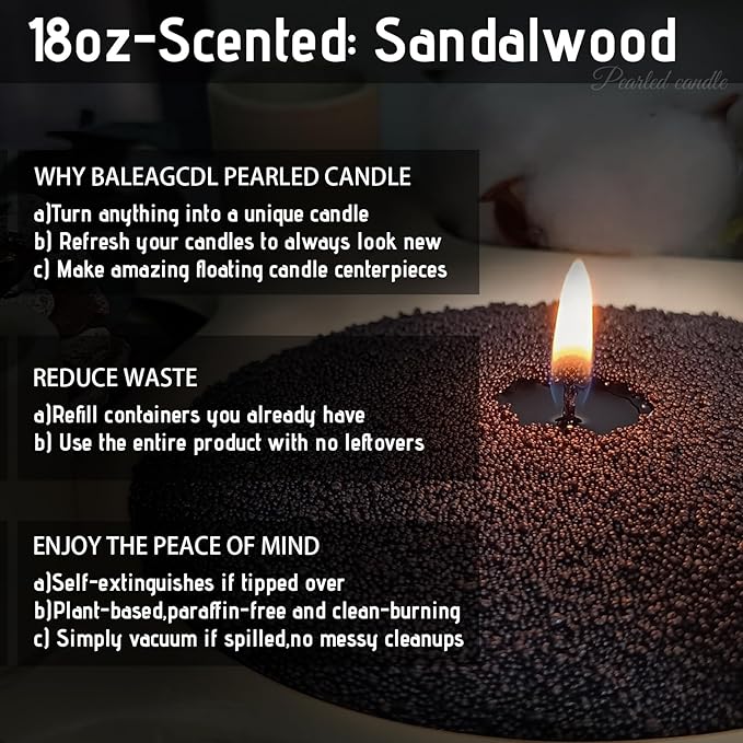 Monsoon Wood Pearled Candle – 18 oz/1.1 lb Sandalwood Scented Sand Candles with 30 Wicks | Refillable Black Wax Long-Lasting Powder 120 Hours Clean Burning for DIY Gifts