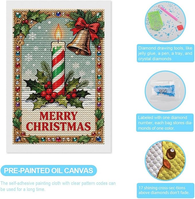 AIVKIEJK Diamond Painting Kits for Adults - Merry Christmas Candle & Holly Accents Painting DIY 5D Full Drill Diamond Dots Paintings with Diamonds Gem Art and Crafts Home Decor 8"x12"