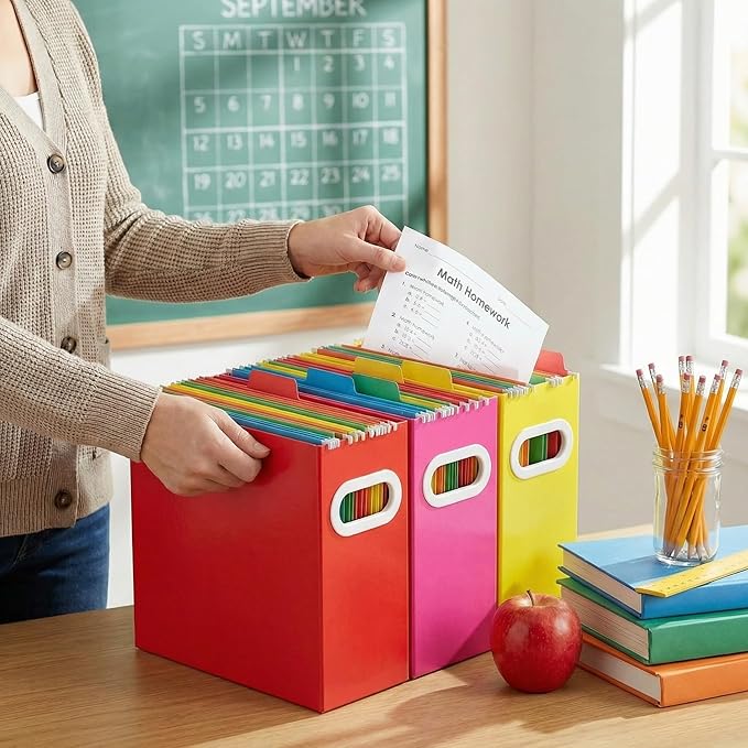 Hanging File Organizer Box, 6 Pack Colorful Cardboard File Folder Holder for Letter Size, Portable Desk Document Storage with Handles, for Office,Home,School