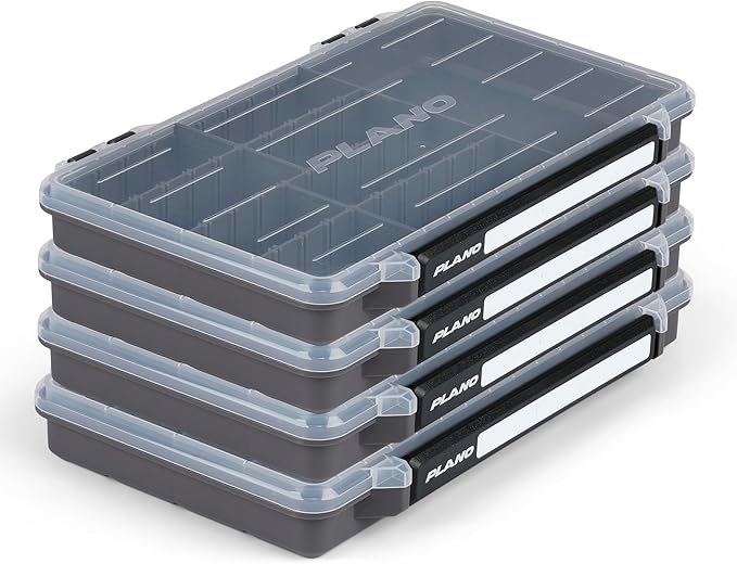 Plano StowAway 3700 50/50 Split Stow Tackle Box, 4-Pack, Corrosion-Preventive Rustricor, Single Latch Design, Transparent DuraView Lid, Stackable Storage for Fishing Bait, Lures and Gear