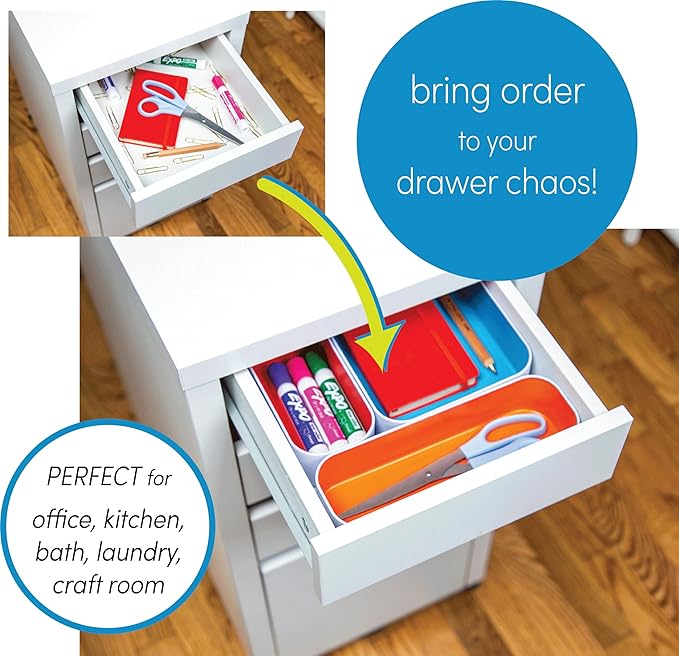 Three by Three Seattle 5 Piece Metal Organizer Tray Set for Storing Makeup, Stationery, Utensils, and More in Office Desk, Kitchen and Bathroom Drawers (1 Inch, Gray, Sky Blue, Orange)