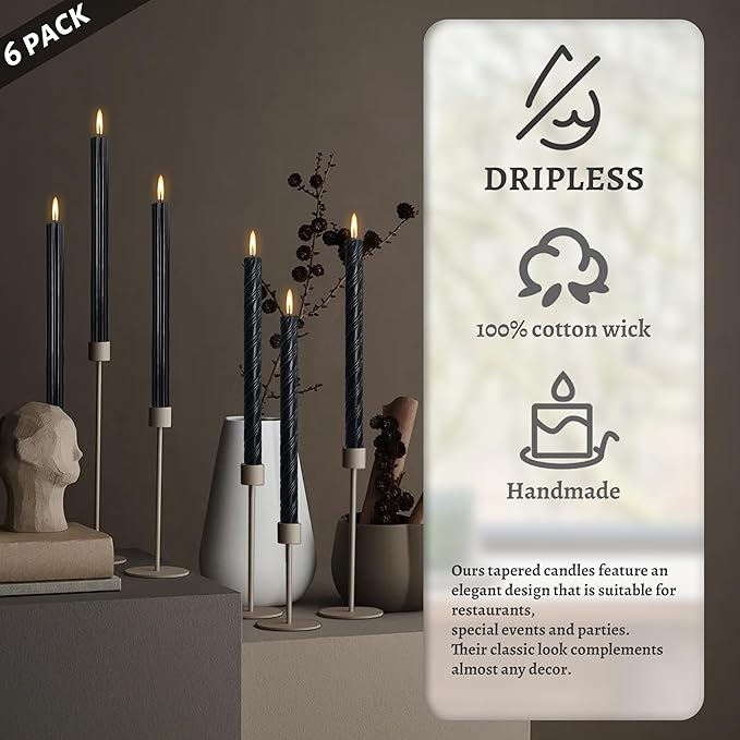 Dripless Black Spiral Taper Candles Smokeless Long Lasting Burn10 Inch Roman Column Candlesticks for Home Décor Holiday Party Romantic Evenings