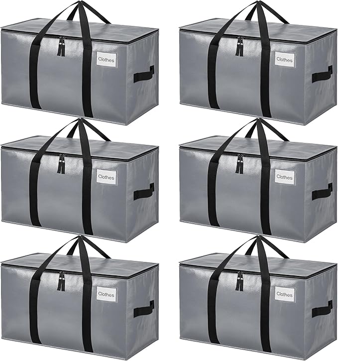 BAGAIL Heavy Duty Moving Bags with Strong Handle, Extra Large Moving Boxes, Storage Tote for Clothes, College Moving Supplies(Grey, 6 Pack)
