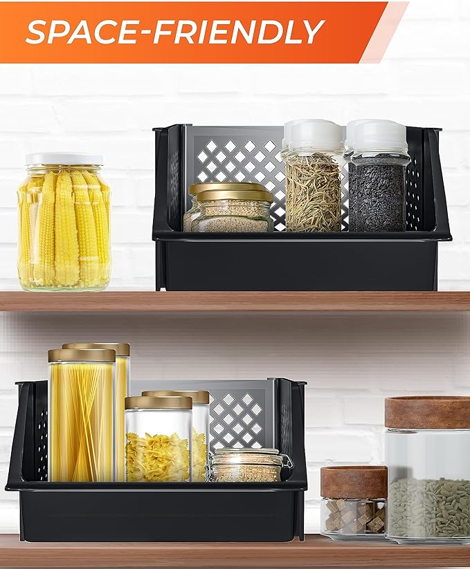 Skywin TidyFriend Large Plastic Stackable Storage Bins for Pantry, 3 Pack Stackable Bins For Organizing Kitchen and Bathroom Essentials (Black)