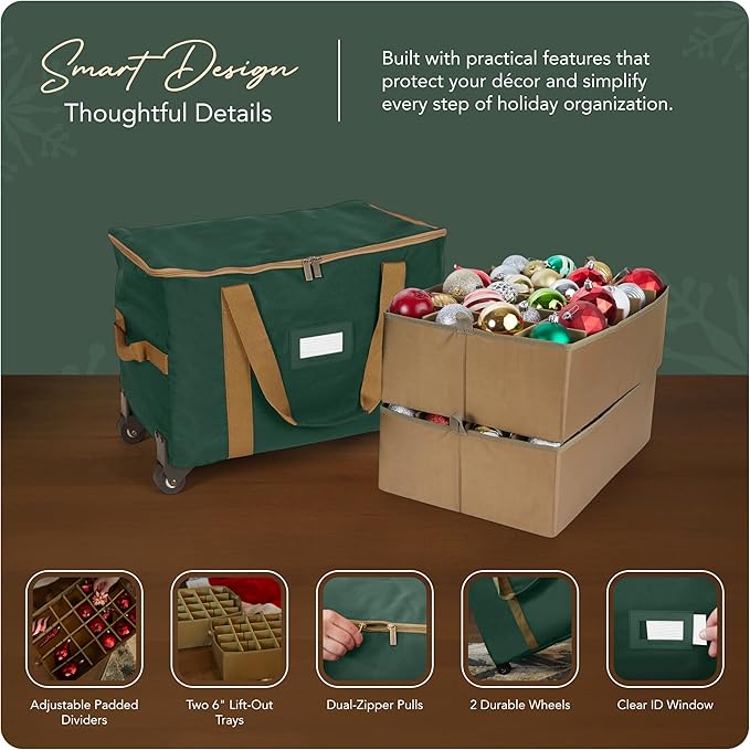 Covermates Keepsakes Rolling Adjustable Ornament Storage Bag – Heavy-Duty Polyester, FlexGrid Trays & Padded Dividers – Protective Holiday Organizer with Wheels, Handles & ID Window, Green