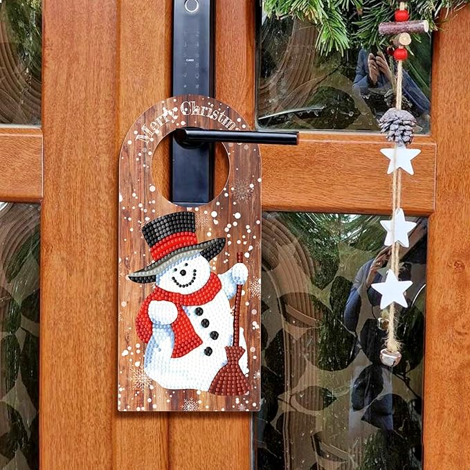 Diamond Art Wood Christmas Door Knob Hanger Sign DIY Kits 5D Diamond Art Painting Christmas Snowman Doorknob Hanging Decorations Special Shaped Beads Paint by Number Mosaic Home Room Front Door Decor