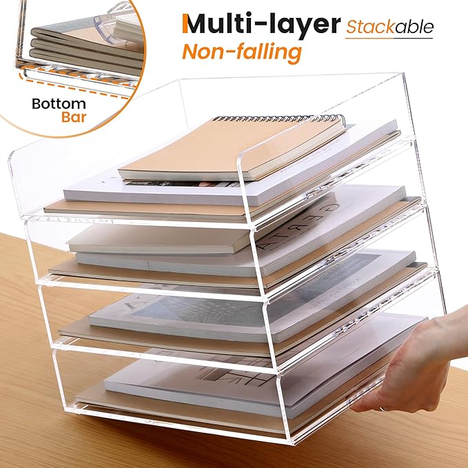 Acrylic Paper Tray, 4 Tier Paper Organizer for Desk, Clear Acrylic Desk Organizers, Stackable Letter Tray Workspace Organizer -Art Storage for School Classroom -4 Pack…