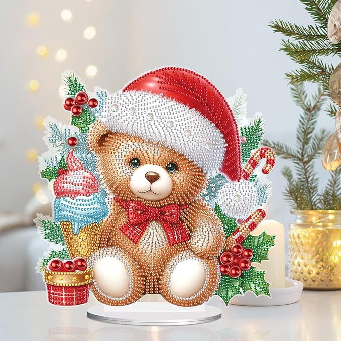 5D Diamond Art Painting Ornament Kits Christmas Bear Doll, DIY Diamond Painting Desktop Ornament, Special Shaped Crystal Rhinestone Diamond Art Tabletop Home Office Christmas Tree Decor (24x24.6cm)