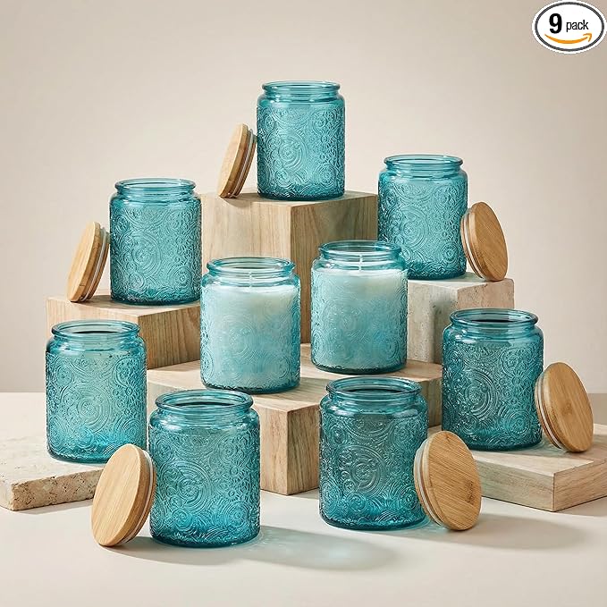 9-Pack 8oz Embossed Glass Candle Container with Bamboo Lids and Labels, Blue Candle Jars for Making Candles, Sun Moon Star Design