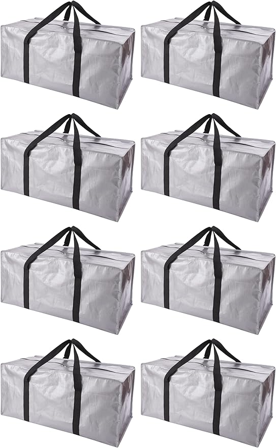PANDA JOYS Extra Large Moving Bags with Zippers & Carrying Handles, Heavy-Duty Storage Tote for Space Saving Moving Storage, Fold Flat, Alternative to Box and Bin - 8 Pack, Silver