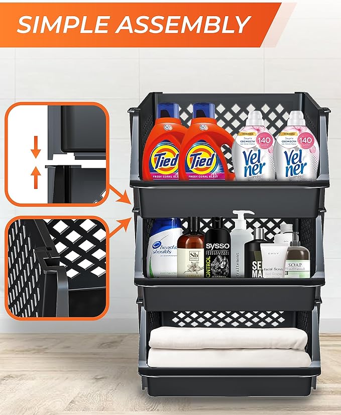 Skywin TidyFriend Large Plastic Stackable Storage Bins for Pantry, 3 Pack Stackable Bins For Organizing Kitchen and Bathroom Essentials (Black)